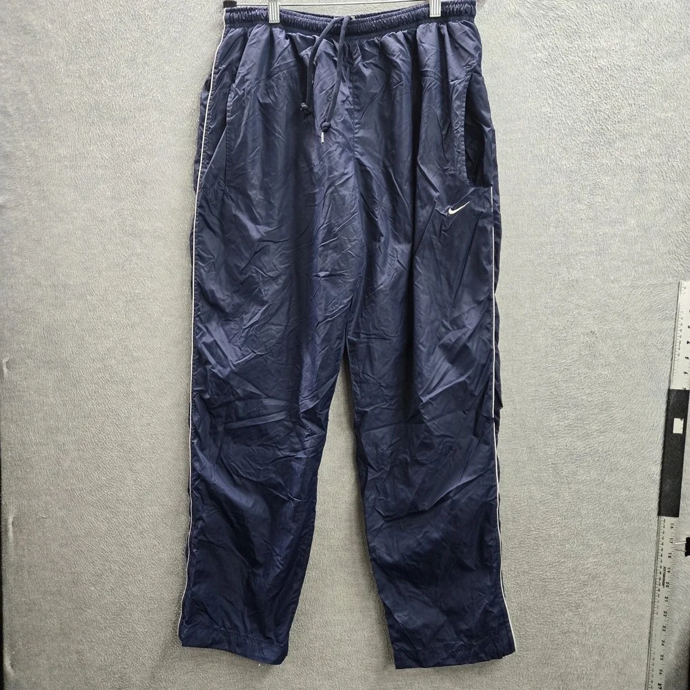 VINTAGE Nike Men Activewear Pants 2XL Navy Windbreaker Lined Logo Y2K READ